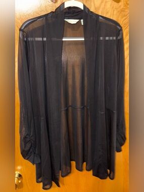 Susan Graver black sheer mesh ruched sleeve open front cardigan Large Petite LP